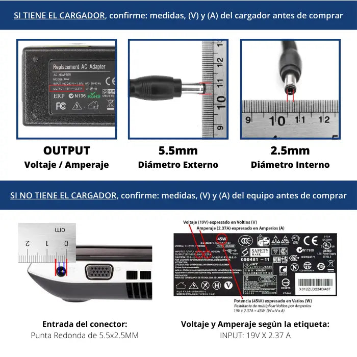 Cargador Acer 19V 3.42A 65W Plug 3.0x1.1mm - Daxis